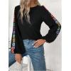 imageWomens Floral Embroidery Long Sleeve T Shirts Crew Neck Ribbed Knit T Shirt Casual Fall TopsBlack