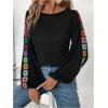 imageWomens Floral Embroidery Long Sleeve T Shirts Crew Neck Ribbed Knit T Shirt Casual Fall TopsBlack