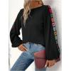imageWomens Floral Embroidery Long Sleeve T Shirts Crew Neck Ribbed Knit T Shirt Casual Fall TopsBlack