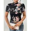 imageWomens Floral Print Mock Neck T Shirt Short Sleeve Slim Fit Graphic Tees Casual Dressy TopsMulticolor