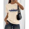 imageWomens Graphic Letter Tee Crew Neck Drop Shoulder Trendy Summer T Shirt Short Sleeve Vintage Car Print TopApricot Blue