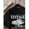 imageWomens Graphic Letter Tee Crew Neck Drop Shoulder Trendy Summer T Shirt Short Sleeve Vintage Car Print TopBlack