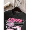 imageWomens Graphic Letter Tee Crew Neck Drop Shoulder Trendy Summer T Shirt Short Sleeve Vintage Car Print TopBlack With Pink