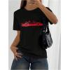 imageWomens Graphic Letter Tee Crew Neck Drop Shoulder Trendy Summer T Shirt Short Sleeve Vintage Car Print TopBlack and Red
