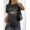 imageWomens Graphic Letter Tee Crew Neck Drop Shoulder Trendy Summer T Shirt Short Sleeve Vintage Car Print TopDeep Grey