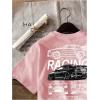 imageWomens Graphic Letter Tee Crew Neck Drop Shoulder Trendy Summer T Shirt Short Sleeve Vintage Car Print TopLight Pink