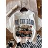 imageWomens Graphic Letter Tee Crew Neck Drop Shoulder Trendy Summer T Shirt Short Sleeve Vintage Car Print TopPatterned White