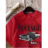 imageWomens Graphic Letter Tee Crew Neck Drop Shoulder Trendy Summer T Shirt Short Sleeve Vintage Car Print TopRed and Black
