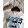 imageWomens Graphic Letter Tee Crew Neck Drop Shoulder Trendy Summer T Shirt Short Sleeve Vintage Car Print TopWhite Blue Graphic