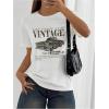 imageWomens Graphic Letter Tee Crew Neck Drop Shoulder Trendy Summer T Shirt Short Sleeve Vintage Car Print TopWhite Green