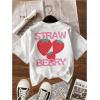 imageWomens Graphic Letter Tee Crew Neck Drop Shoulder Trendy Summer T Shirt Short Sleeve Vintage Car Print TopWhite Strawberry