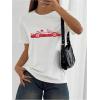 imageWomens Graphic Letter Tee Crew Neck Drop Shoulder Trendy Summer T Shirt Short Sleeve Vintage Car Print TopWhite and Red