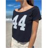 imageWomens Jersey Top Off The Shoulder Number Graphic Tee Short Sleeve Slim Fit Vintage Going Out TshirtsDark Blue