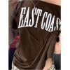 imageWomens Off The Shoulder Tops Letter Print Oversized Graphic Tees Vintage Y2k 90s Outfits TrendyBrown