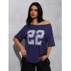 imageWomens Off The Shoulder Tops Letter Print Oversized Graphic Tees Vintage Y2k 90s Outfits TrendyNumber Blue