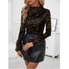 imageWomens Plus Size Leopard Mesh T Shirt Mock Neck Long Sleeve Ruched Fitted Tee TopsBrown