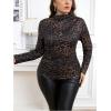 imageWomens Plus Size Leopard Mesh T Shirt Mock Neck Long Sleeve Ruched Fitted Tee TopsBrown