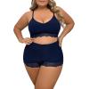 imageWomens Plus Size Lingerie 2 Piece Lace Trim Wireless Bralettes and High Rise Boyshorts Underwear SetNavy Blue