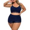 imageWomens Plus Size Lingerie 2 Piece Lace Trim Wireless Bralettes and High Rise Boyshorts Underwear SetNavy Blue