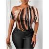imageWomens Plus Size Off Shoulder Tops Tie Dye Short Sleeve Ruched T Shirt Slim Fit Elegant TeesBrown