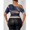 imageWomens Plus Size Off Shoulder Tops Tie Dye Short Sleeve Ruched T Shirt Slim Fit Elegant TeesDeep Blue
