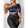 imageWomens Plus Size Off Shoulder Tops Tie Dye Short Sleeve Ruched T Shirt Slim Fit Elegant TeesDeep Blue