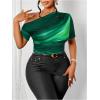 imageWomens Plus Size Off Shoulder Tops Tie Dye Short Sleeve Ruched T Shirt Slim Fit Elegant TeesGreen