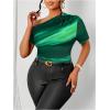 imageWomens Plus Size Off Shoulder Tops Tie Dye Short Sleeve Ruched T Shirt Slim Fit Elegant TeesGreen