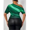 imageWomens Plus Size Off Shoulder Tops Tie Dye Short Sleeve Ruched T Shirt Slim Fit Elegant TeesGreen