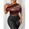 imageWomens Plus Size Off Shoulder Tops Tie Dye Short Sleeve Ruched T Shirt Slim Fit Elegant TeesPurple