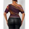 imageWomens Plus Size Off Shoulder Tops Tie Dye Short Sleeve Ruched T Shirt Slim Fit Elegant TeesPurple