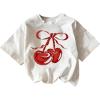 imageWomens Cherry Print Tee Shirt Short Sleeve Crew Neck Drop Shoulder Vintage Tee TopsWhite Red Cherry