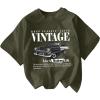 imageWomens Graphic Letter Tee Crew Neck Drop Shoulder Trendy Summer T Shirt Short Sleeve Vintage Car Print TopArmy Green