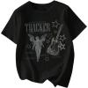 imageWomens Graphic Letter Tee Crew Neck Drop Shoulder Trendy Summer T Shirt Short Sleeve Vintage Car Print TopBlack With Graphic