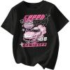 imageWomens Graphic Letter Tee Crew Neck Drop Shoulder Trendy Summer T Shirt Short Sleeve Vintage Car Print TopBlack With Pink