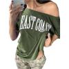 imageWomens Off The Shoulder Tops Letter Print Oversized Graphic Tees Vintage Y2k 90s Outfits TrendyGreen