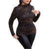 imageWomens Plus Size Leopard Mesh T Shirt Mock Neck Long Sleeve Ruched Fitted Tee TopsBrown