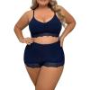 imageWomens Plus Size Lingerie 2 Piece Lace Trim Wireless Bralettes and High Rise Boyshorts Underwear SetNavy Blue