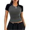 imageWomens Raglan Short Sleeve Color Block Baseball T Shirt Crew Neck Slim Fit Crop TopsGrey
