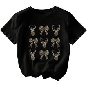 imageWomens Bow Camo Graphic Tees Crewneck Short Sleeve Casual T Shirts TopsBlack