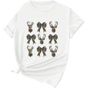 imageWomens Bow Camo Graphic Tees Crewneck Short Sleeve Casual T Shirts TopsWhite
