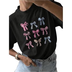 imageWomens Bow Print T Shirt Short Sleeve Crew Neck Summer Casual Tee ShirtsBlack