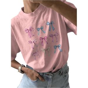 imageWomens Bow Print T Shirt Short Sleeve Crew Neck Summer Casual Tee ShirtsPink