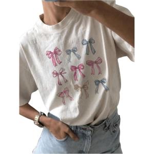 imageWomens Bow Print T Shirt Short Sleeve Crew Neck Summer Casual Tee ShirtsWhite