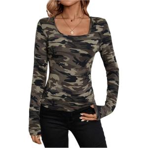 imageWomens Camo Print Long Sleeve TShirt Square Neck Slim Fit Casual Fall TopArmy Green
