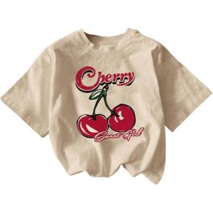 imageWomens Cherry Print Tee Shirt Short Sleeve Crew Neck Drop Shoulder Vintage Tee TopsApricot