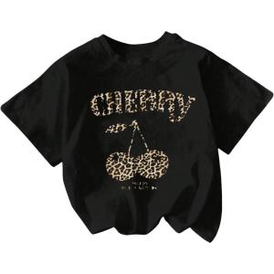 imageWomens Cherry Print Tee Shirt Short Sleeve Crew Neck Drop Shoulder Vintage Tee TopsBlack Leopard