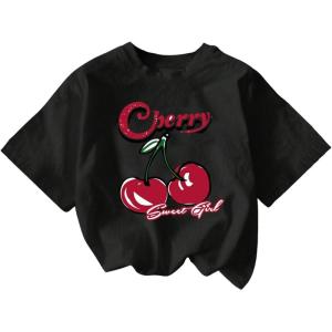 imageWomens Cherry Print Tee Shirt Short Sleeve Crew Neck Drop Shoulder Vintage Tee TopsBlack Red
