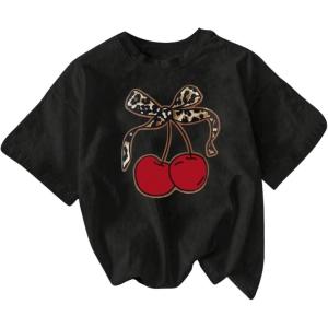 imageWomens Cherry Print Tee Shirt Short Sleeve Crew Neck Drop Shoulder Vintage Tee TopsBlack Red Leopard
