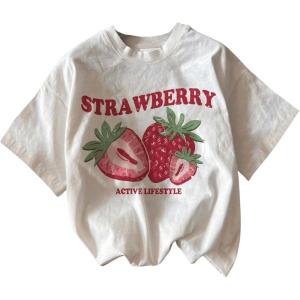 imageWomens Cherry Print Tee Shirt Short Sleeve Crew Neck Drop Shoulder Vintage Tee TopsStrawberry White